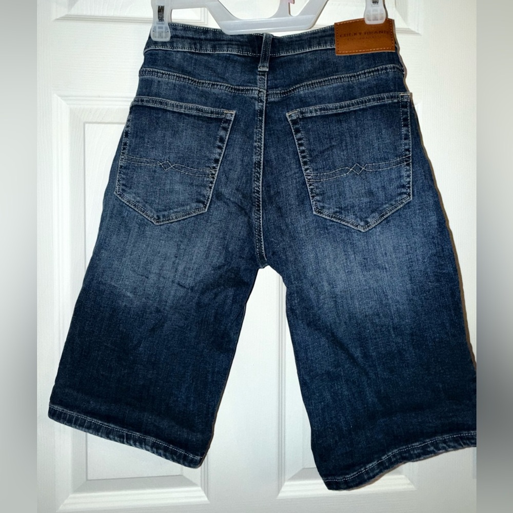 Lucky Brand Bermuda Jean Shorts | Dark Wash Denim w/ Tan Logo Patch - Picture 2 of 16